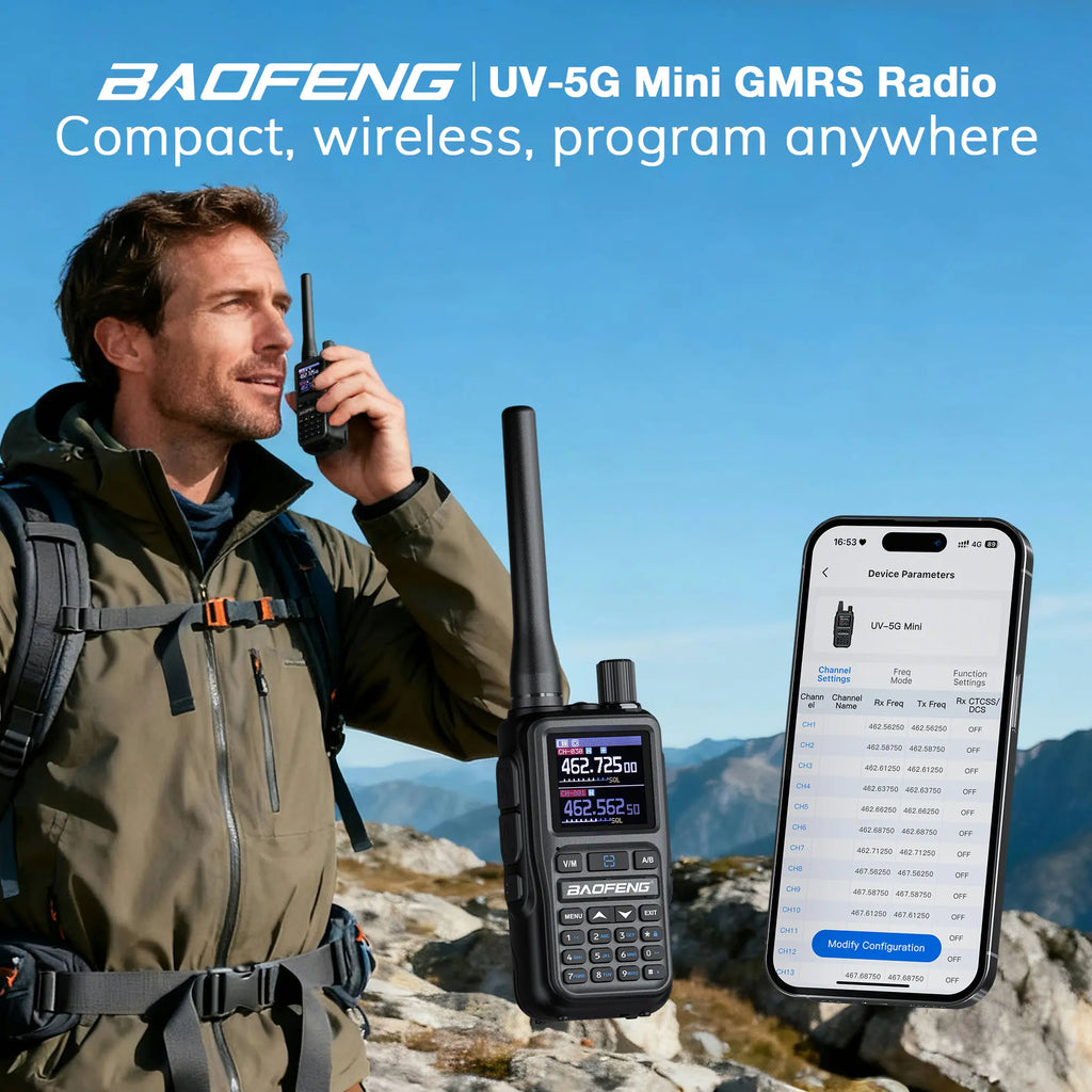 Man using a Baofeng UV-5G Mini GMRS Radio on a mountain with smartphone app interface displayed.
