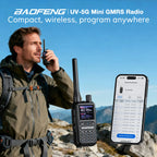 Man using a Baofeng UV-5G Mini GMRS Radio on a mountain with smartphone app interface displayed.
