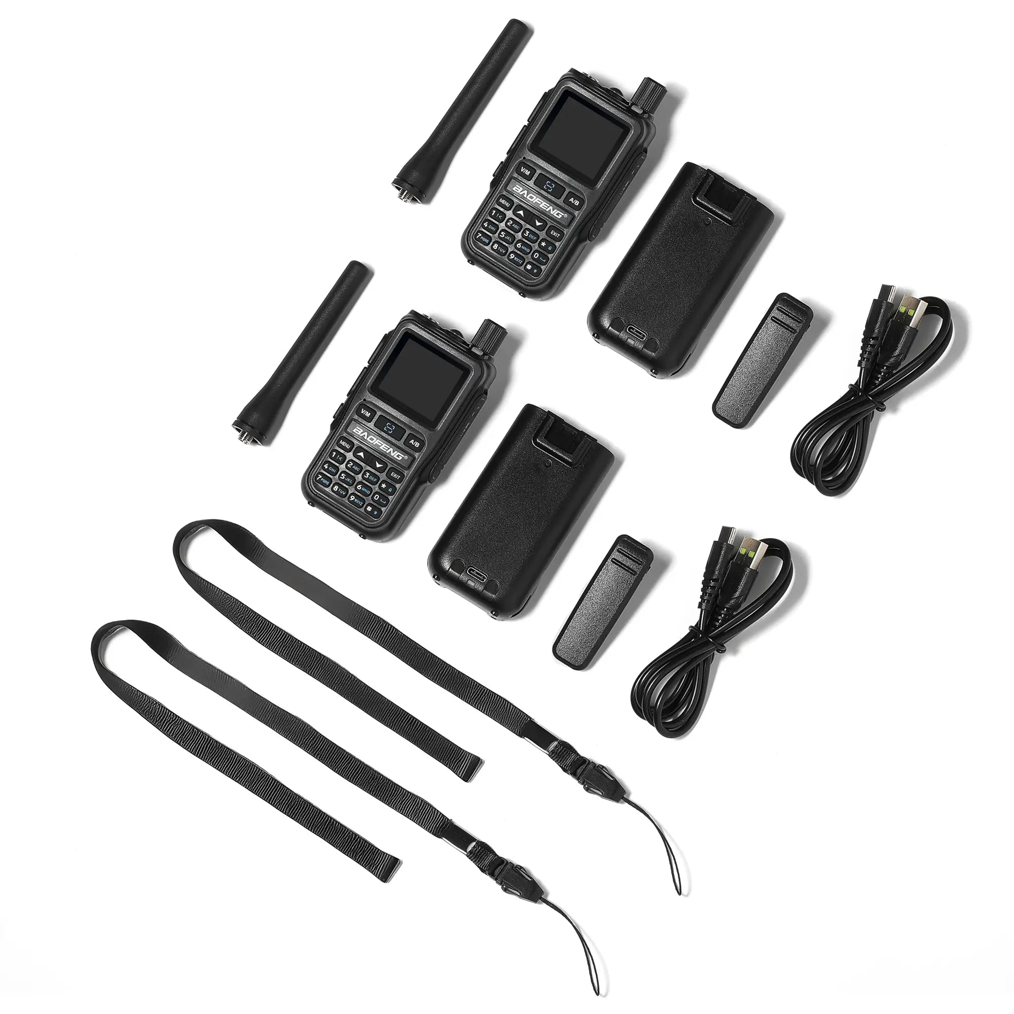 Collection of black UV-5G Mini and accessories on a white background