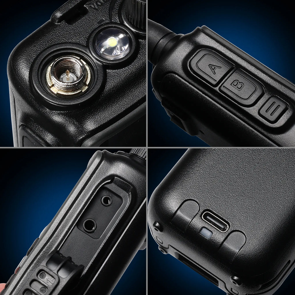 Collage of close-up details of a black UV-5G Mini on a blue background