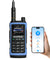 Blue UV-7B walkie-talkie with digital display and smartphone showing app interface on a white background