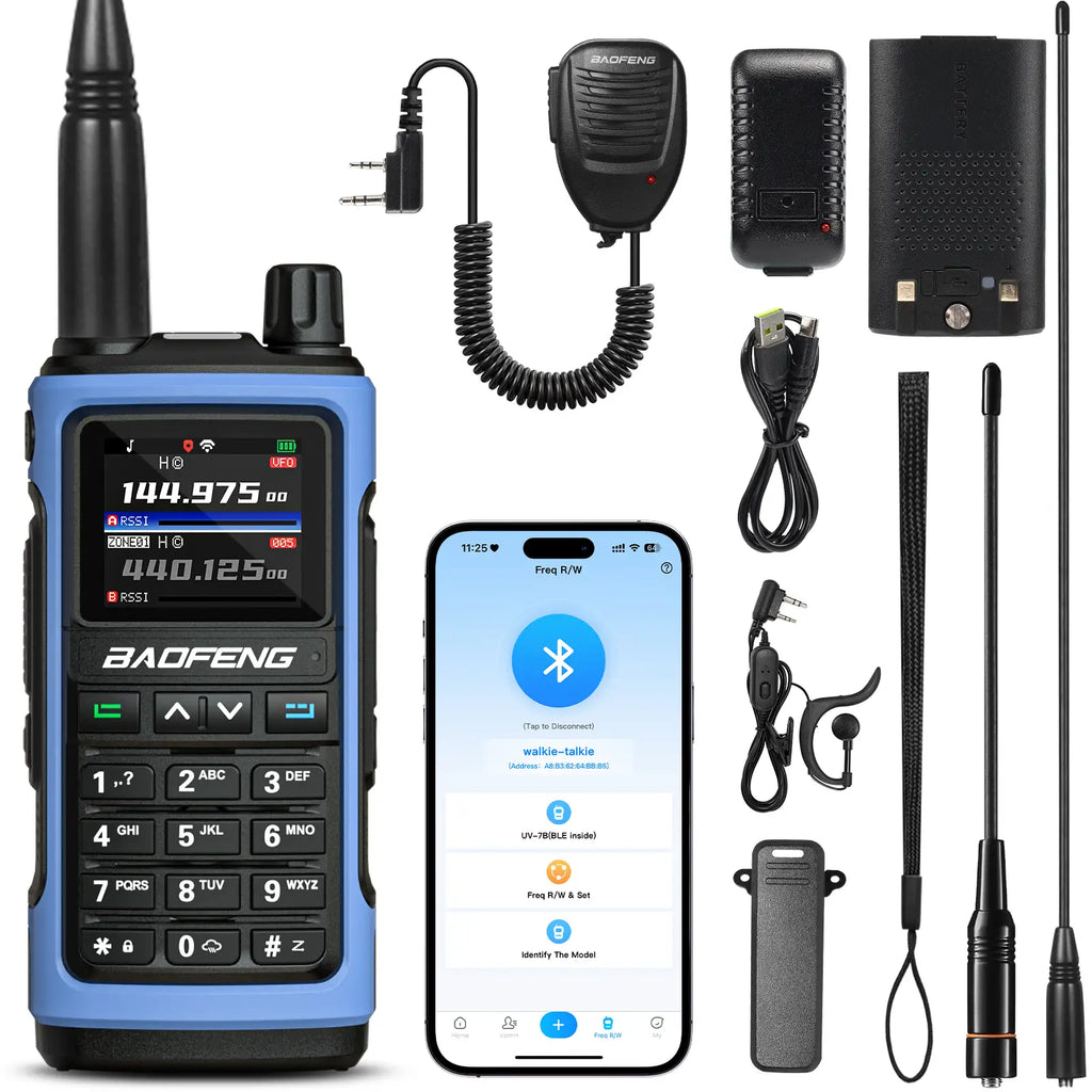 Collection of UV-7B including a blue walkie-talkie, smartphone, and accessories on a white background.