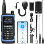 Collection of UV-7B including a blue walkie-talkie, smartphone, and accessories on a white background.