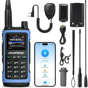 Collection of UV-7B including a blue walkie-talkie, smartphone, and accessories on a white background.