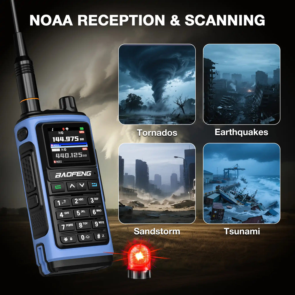 Baofeng UV-7B radio with NOAA reception and scanning features displayed on a dark background with natural disasters images.