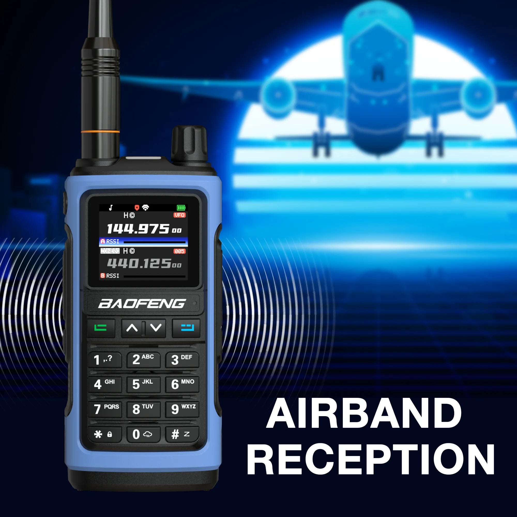 Baofeng UV-7B walkie-talkie with airplane in the background and 'Airband Reception' text