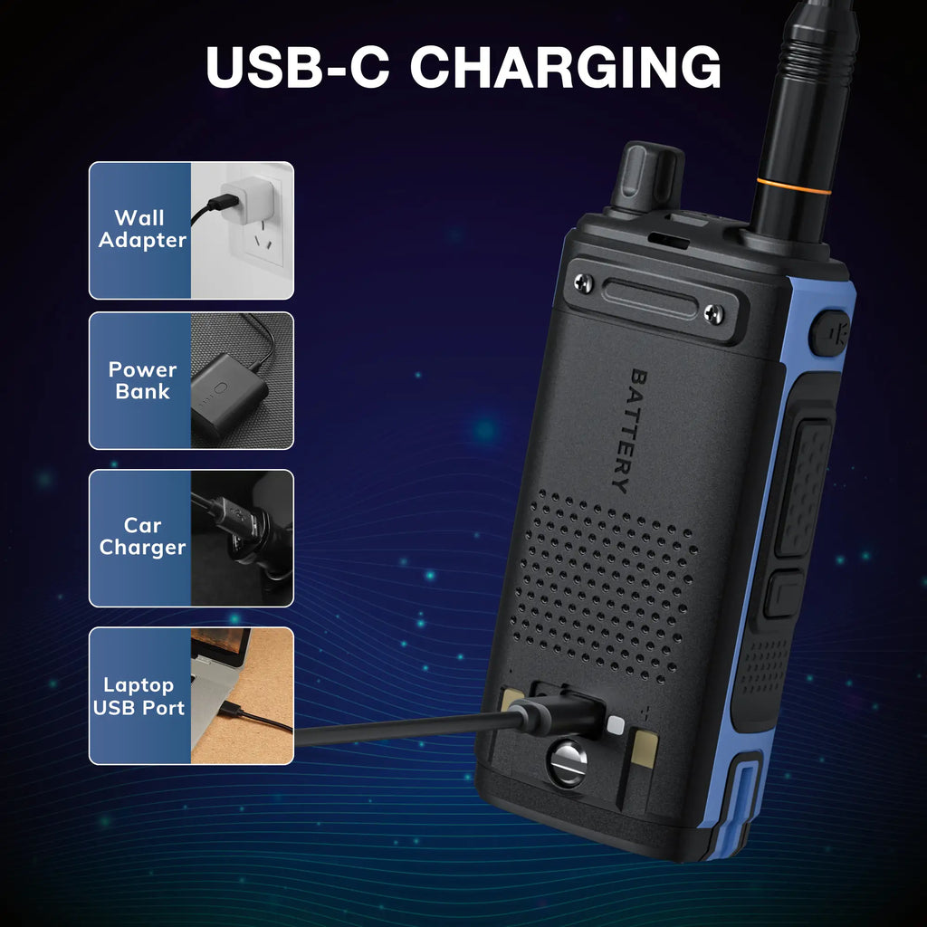 UV-7B Walkie talkie with USB-C charging options on a dark blue background