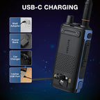 UV-7B Walkie talkie with USB-C charging options on a dark blue background
