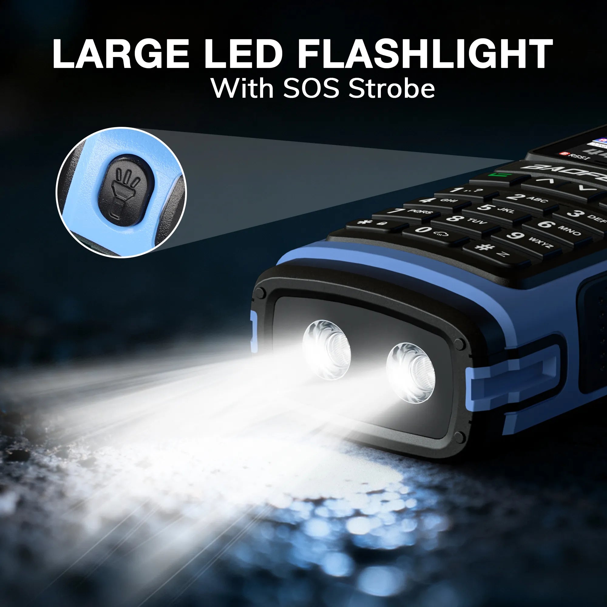 Large LED flashlight with SOS strobe feature on a dark background