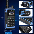 Blue UV-7B walkie talkie with detailed specifications on a blue background