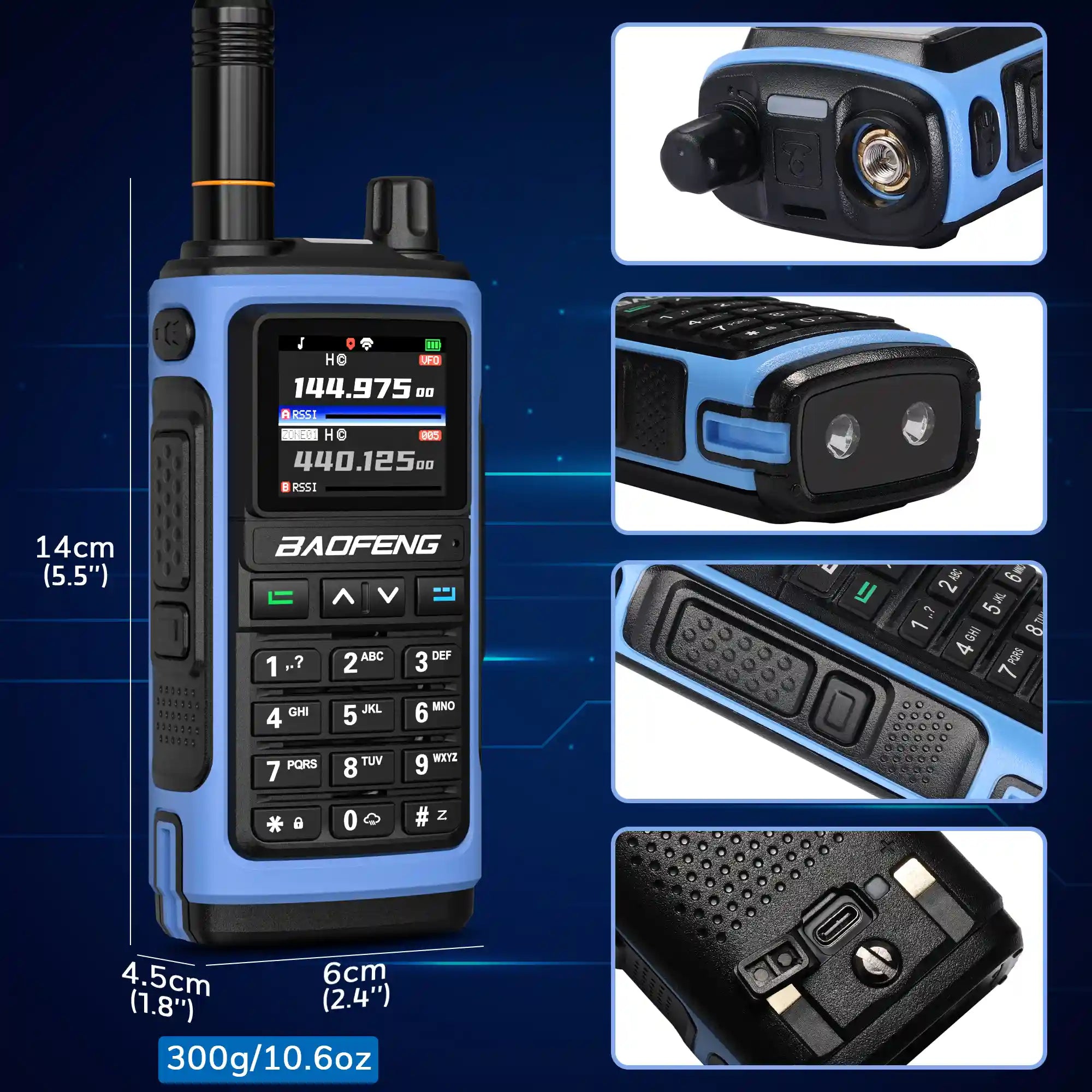 Blue UV-7B walkie talkie with detailed specifications on a blue background