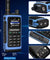 Blue UV-7B walkie talkie with detailed specifications on a blue background