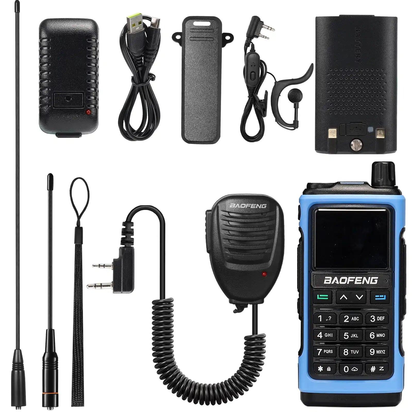 Collection of Baofeng UV-7B radio accessories including antenna, charger, earpiece, and control panel on a white background.
