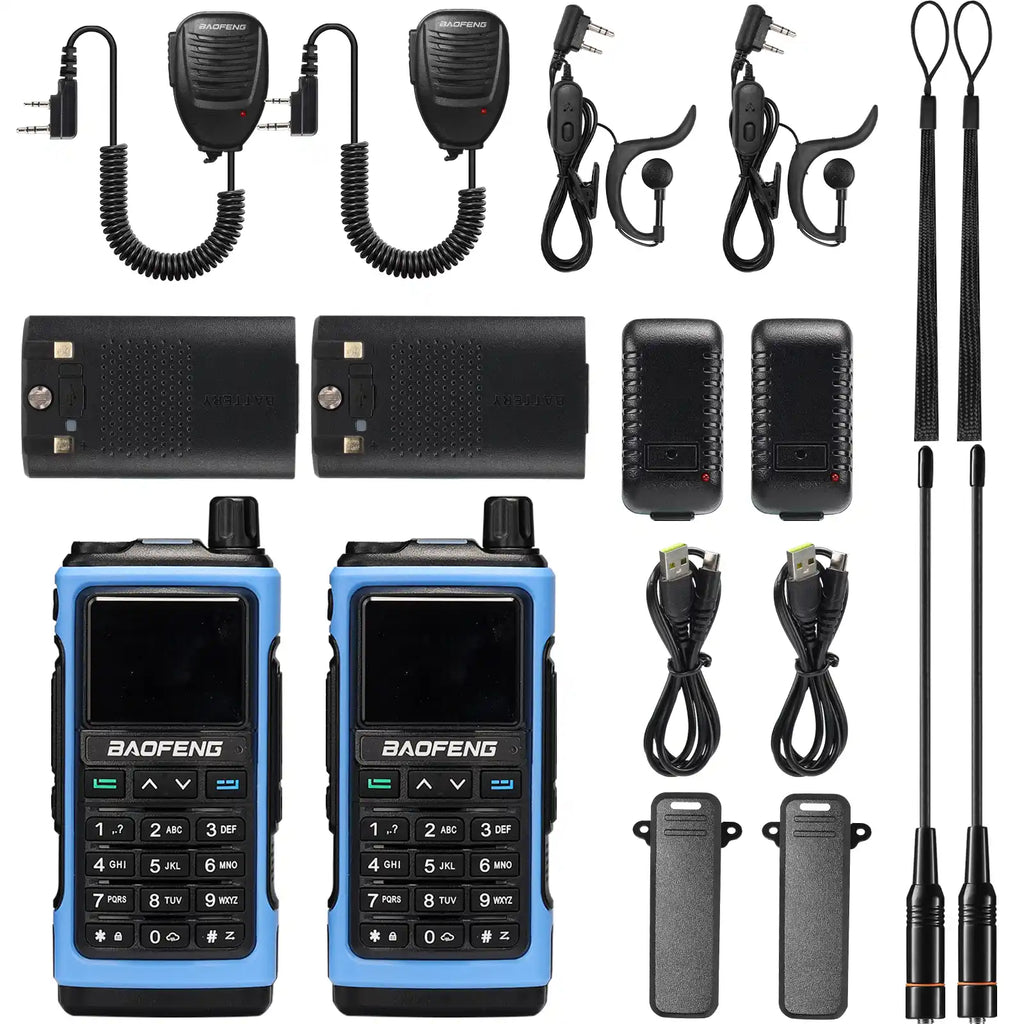 Set of Baofeng UV-7B walkie-talkies with accessories on a white background