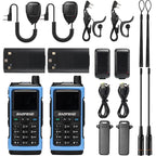 Set of Baofeng UV-7B walkie-talkies with accessories on a white background