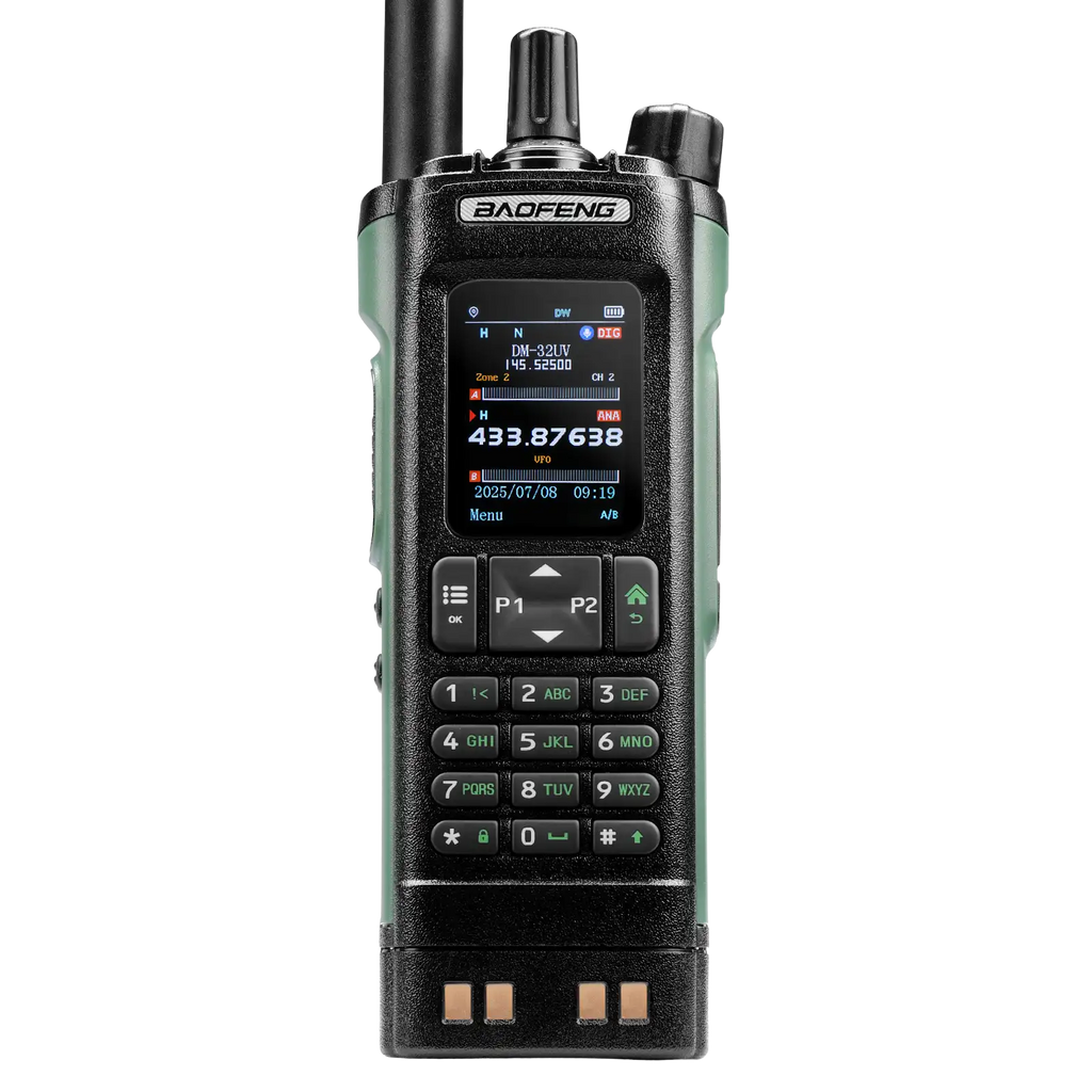 Baofeng DM-32UV walkie talkie on a white background