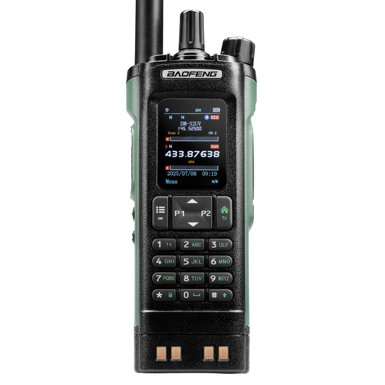 Baofeng DM-32UV walkie talkie on a white background