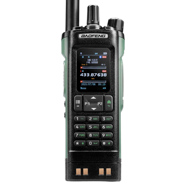 Baofeng DM-32UV walkie talkie on a white background
