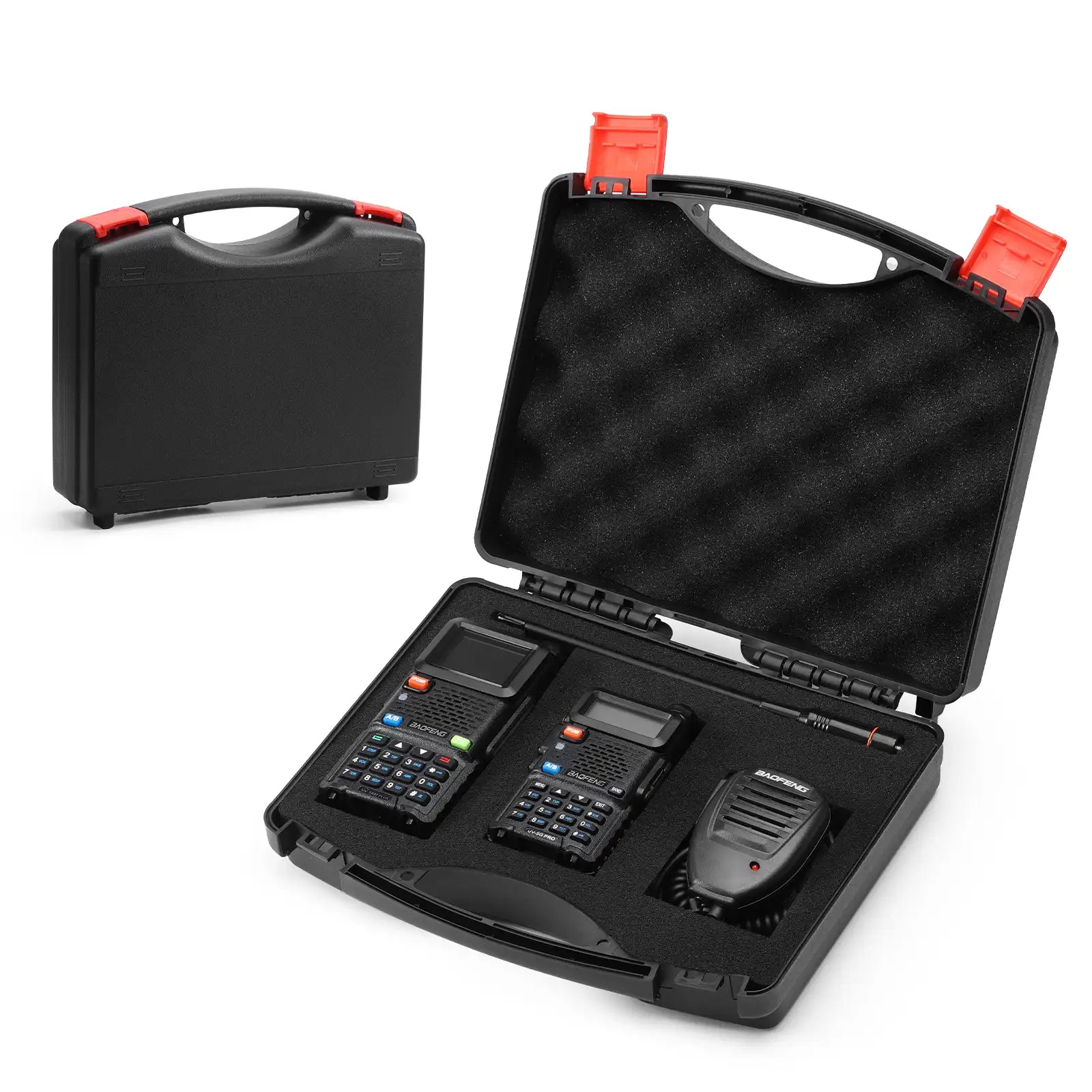 Black PB6 Walkie Talkie Carrying Case with electronic devices inside on a white background