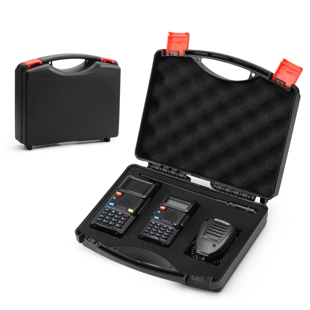 Black PB6 Walkie Talkie Carrying Case with electronic devices inside on a white background