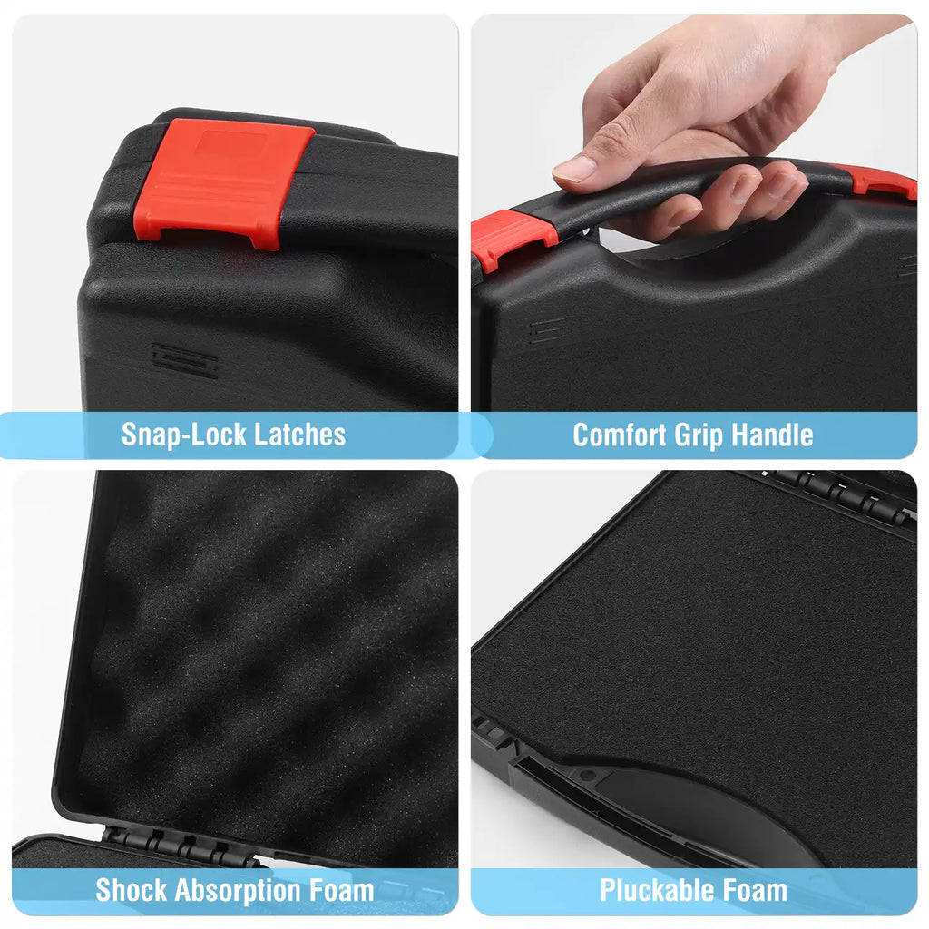 Collage of a black PB6 Walkie Talkie Carrying Case with snap-lock latches, comfort grip handle, shock absorption foam, and pluckable foam.