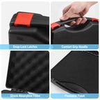 Collage of a black PB6 Walkie Talkie Carrying Case with snap-lock latches, comfort grip handle, shock absorption foam, and pluckable foam.