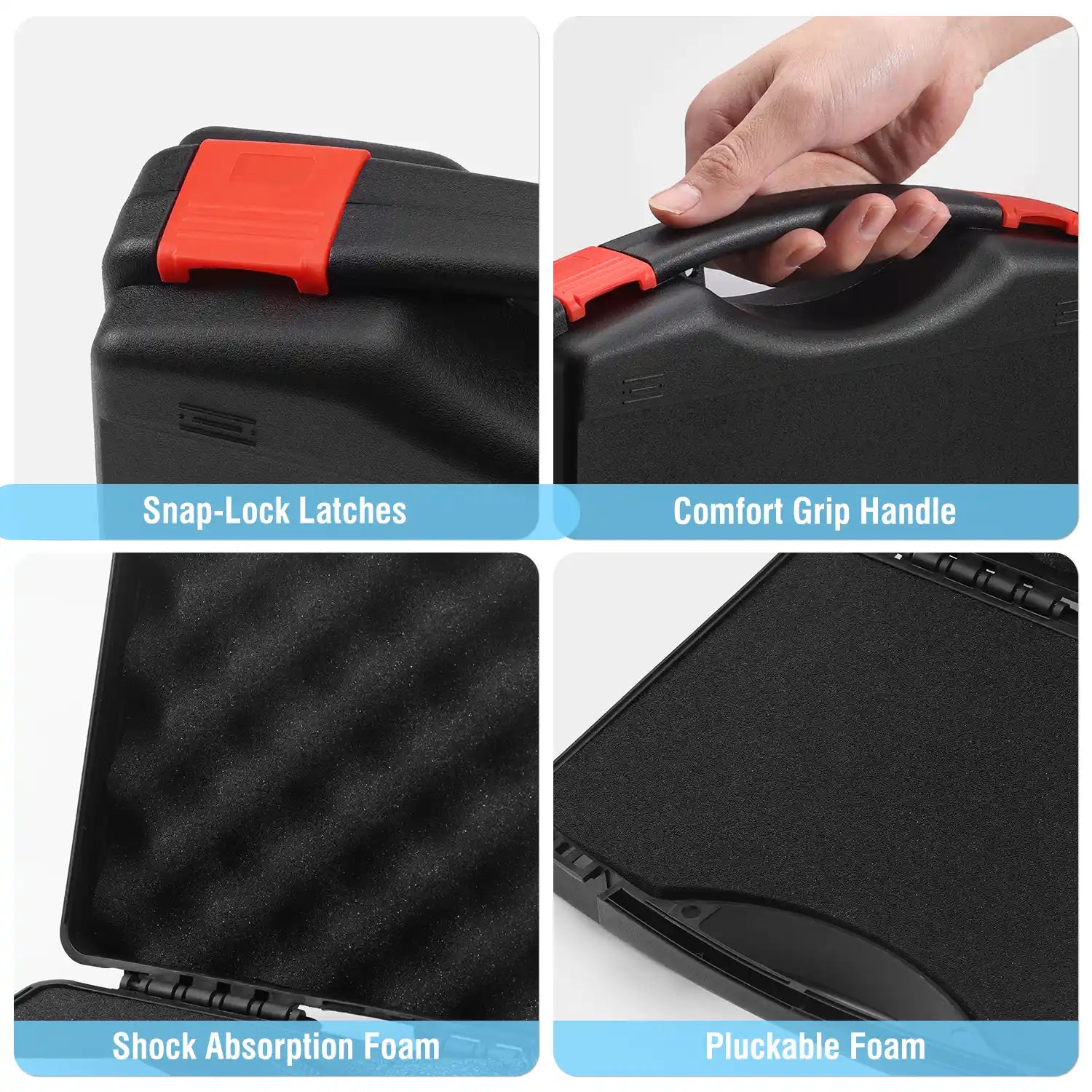 Collage of a black PB6 Walkie Talkie Carrying Case with snap-lock latches, comfort grip handle, shock absorption foam, and pluckable foam.