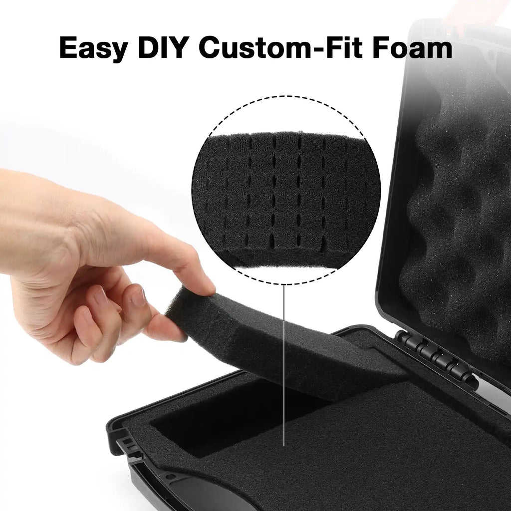 Black foam strip being pulled from a case with text 'Easy DIY Custom-Fit Foam' on a white background.