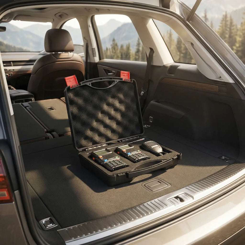 Black briefcase with electronic devices on a car trunk with mountains in the background