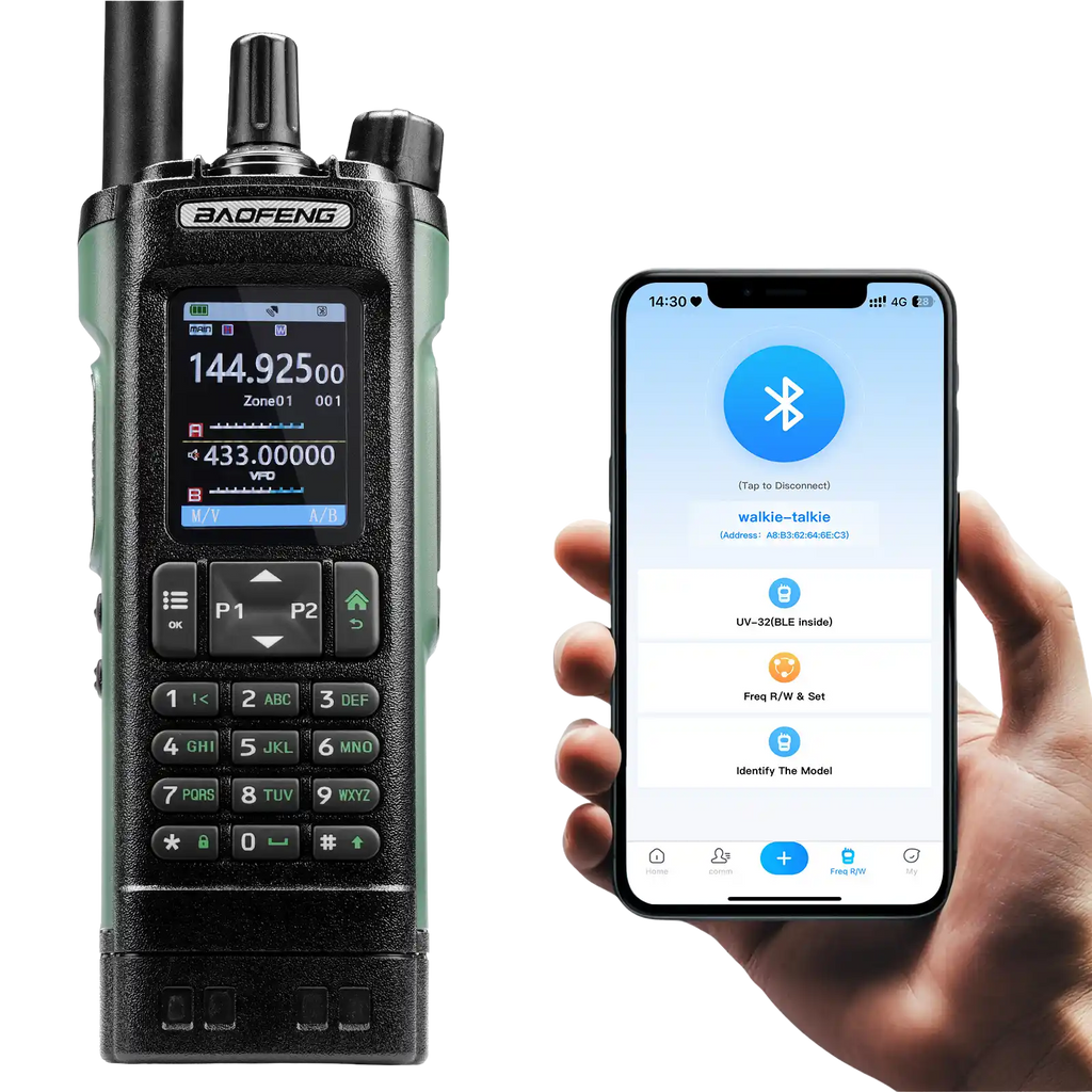 Baofeng UV-32 radio and smartphone showing Bluetooth connection on a white background