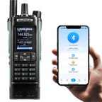 Baofeng UV-32 radio and smartphone showing Bluetooth connection on a white background