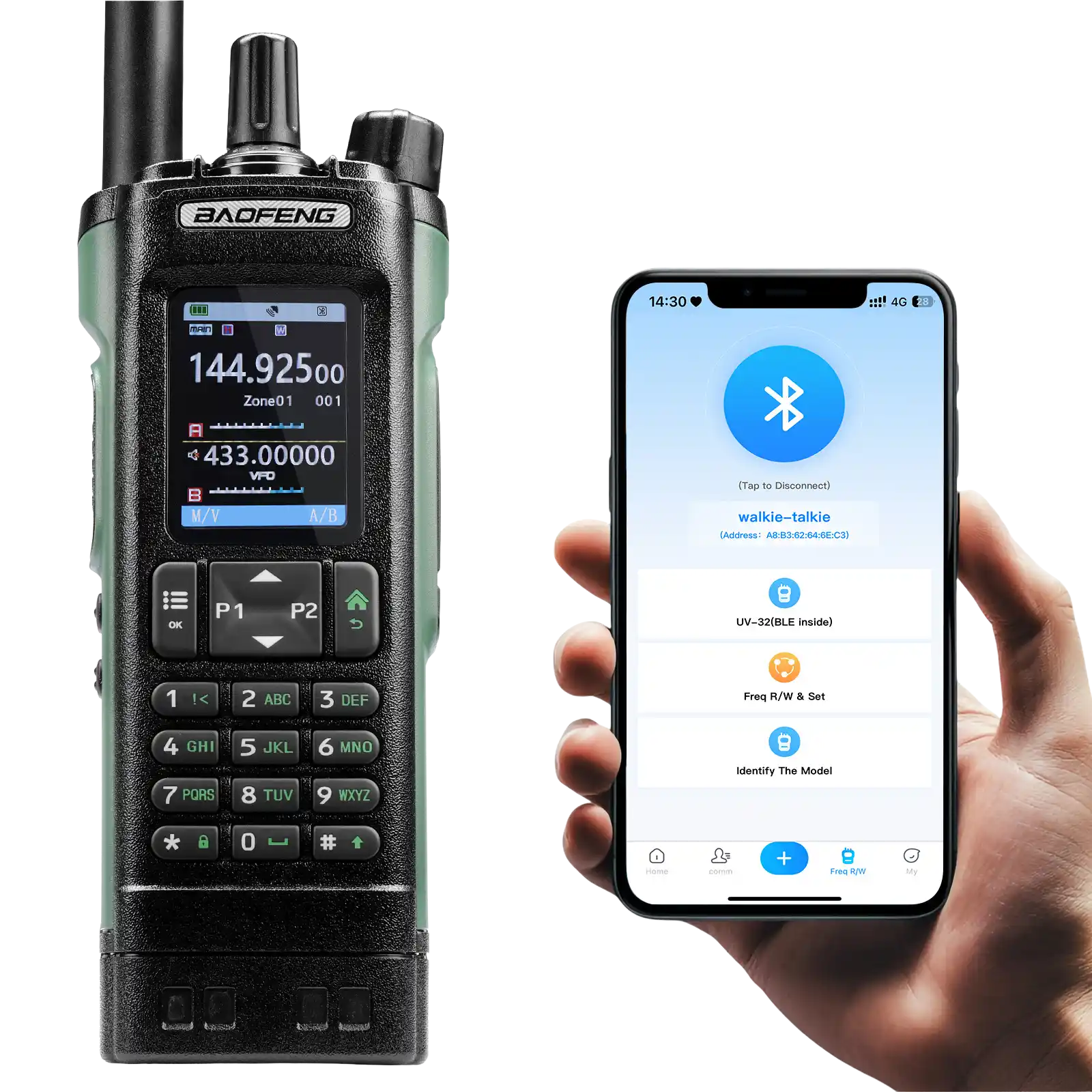 Baofeng UV-32 radio and smartphone showing Bluetooth connection on a white background