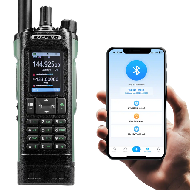 Baofeng UV-32 radio and smartphone showing Bluetooth connection on a white background