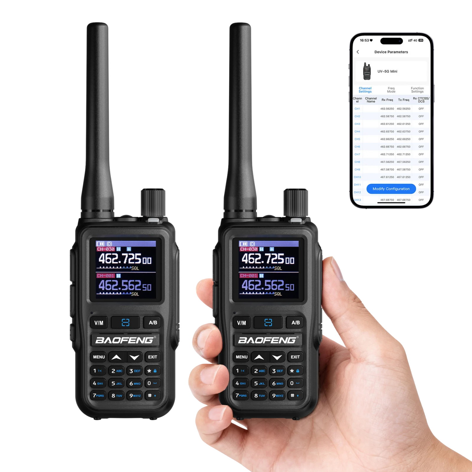 Two UV-5G Mini held in a hand with a smartphone displaying app interface on a white background