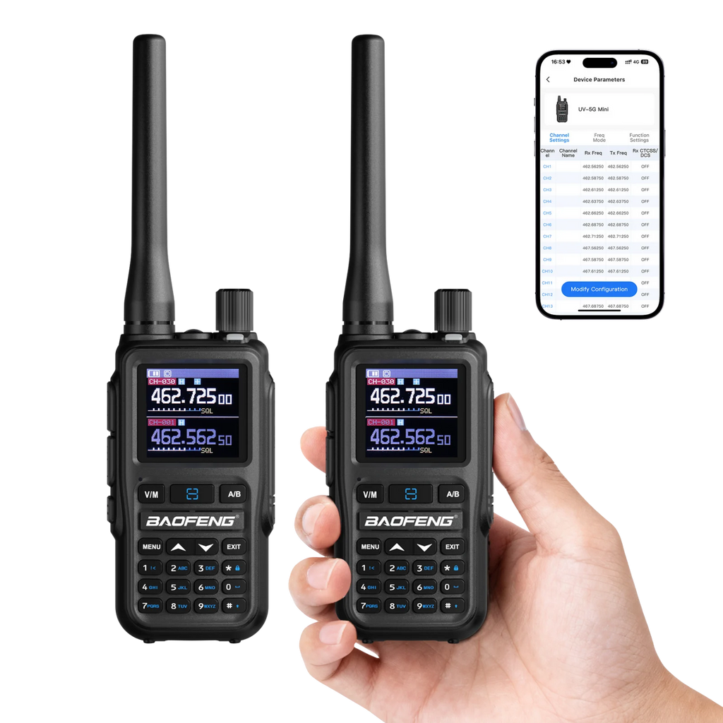 Two UV-5G Mini held in a hand with a smartphone displaying app interface on a white background