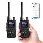 Two UV-5G Mini held in a hand with a smartphone displaying app interface on a white background