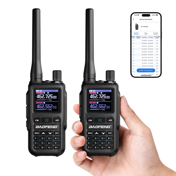 Two UV-5G Mini held in a hand with a smartphone displaying app interface on a white background