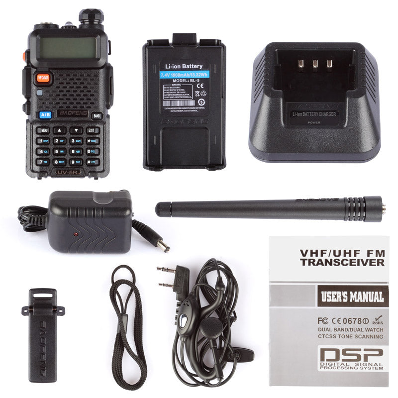  Baofeng UV-5R Two Way Radio Dual Band 144-148/420-450Mhz Walkie  Talkie 1800mAh Li-ion Battery(Black) : Electronics
