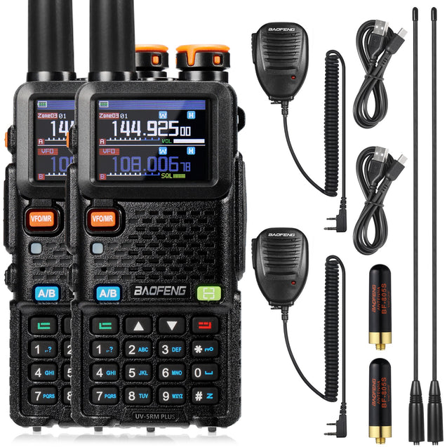 Two Baofeng UV-5RM Plus GPS  with accessories on a white background