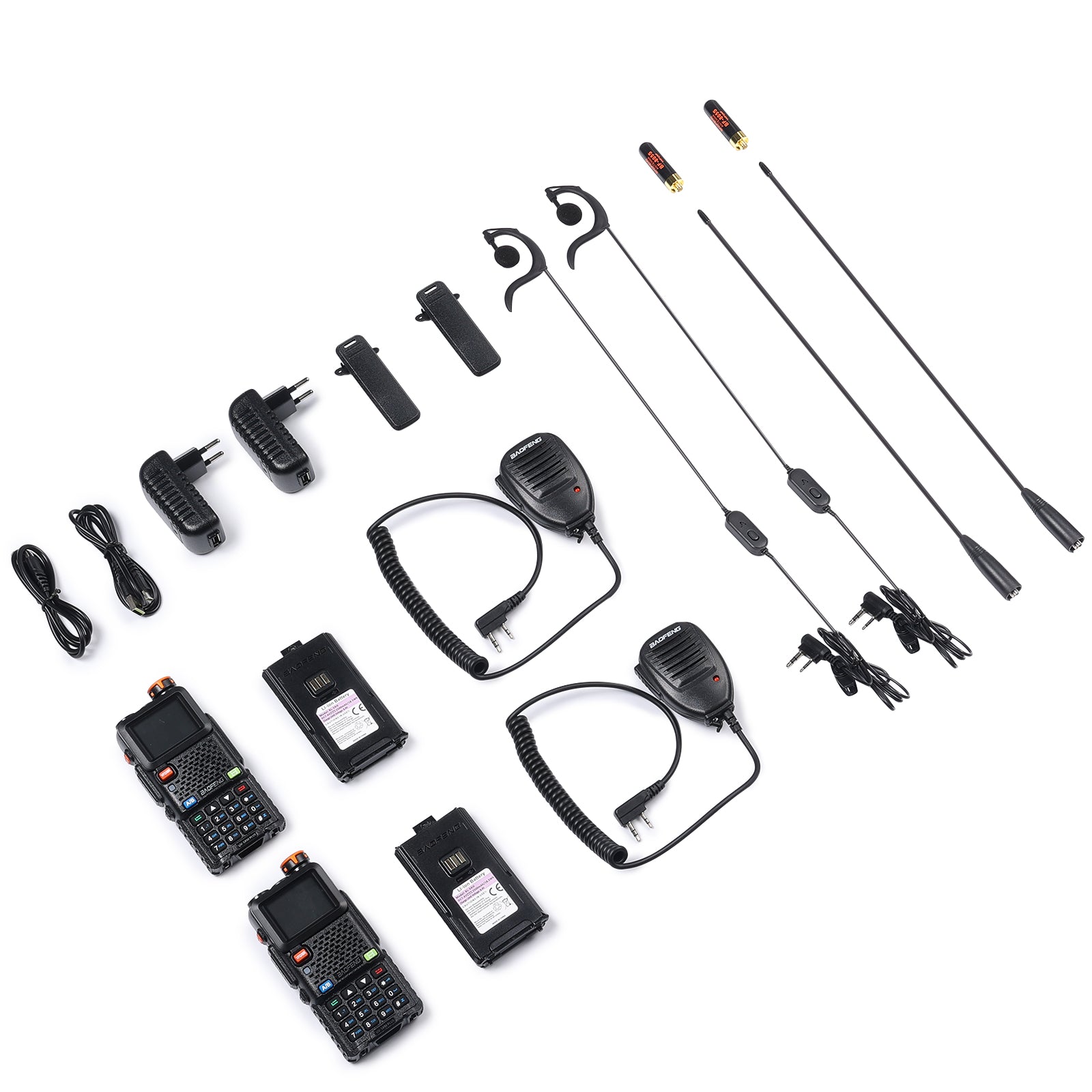 Collection of UV-5RM Plus GPS  and accessories on a white background