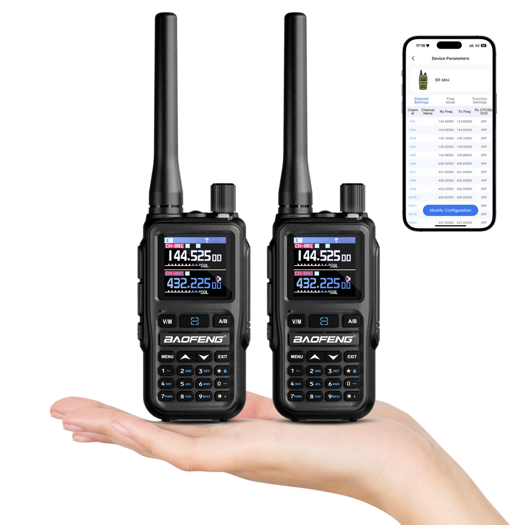 Two UV-5R Minis held in a hand with a smartphone displaying app interface.