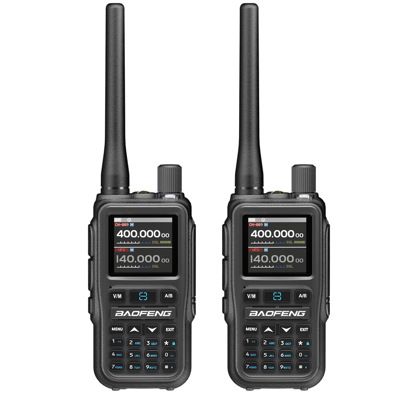 Two grey UV-5R Mini with digital displays on a white background