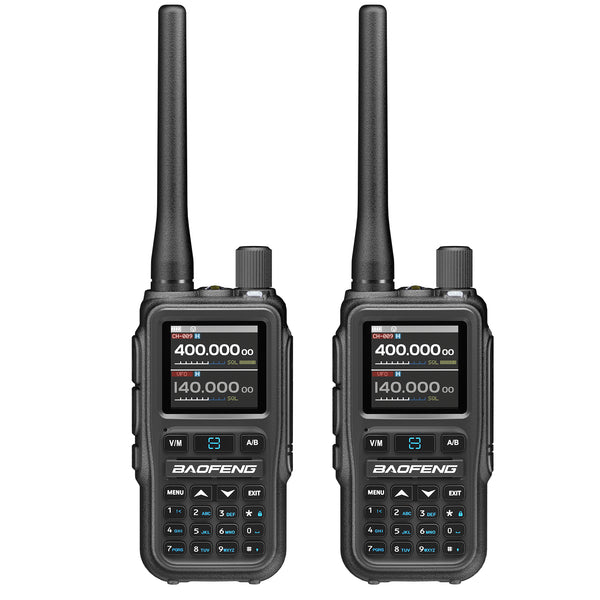 Two grey UV-5R Mini with digital displays on a white background