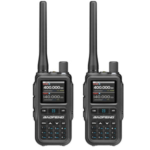Two grey UV-5R Mini with digital displays on a white background