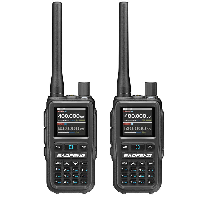 Two grey UV-5R Mini with digital displays on a white background