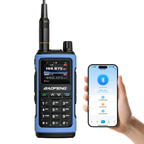 Blue UV-7B walkie-talkie with digital display and smartphone showing app interface on a white background