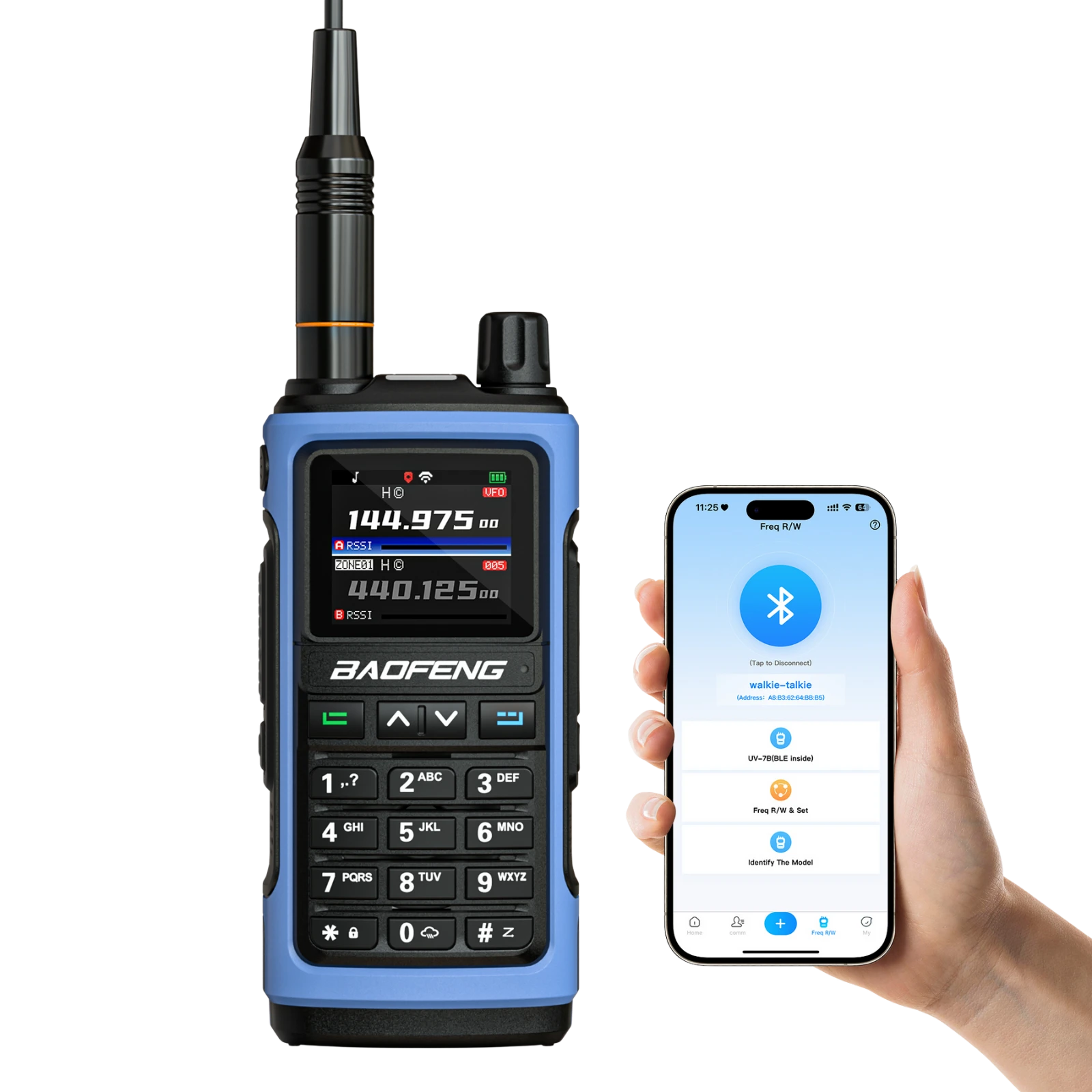 Blue UV-7B walkie-talkie with digital display and smartphone showing app interface on a white background