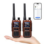 Two walkie-talkies held in a hand with a smartphone displaying app interface.