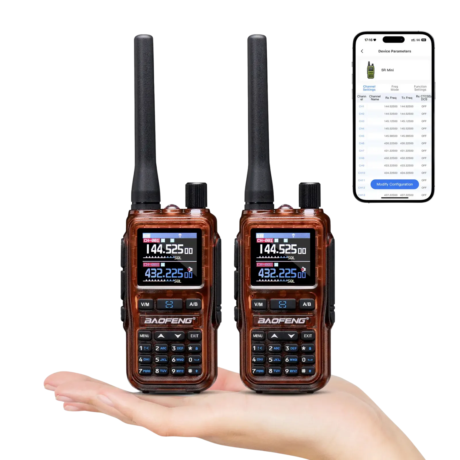 Two walkie-talkies held in a hand with a smartphone displaying app interface.